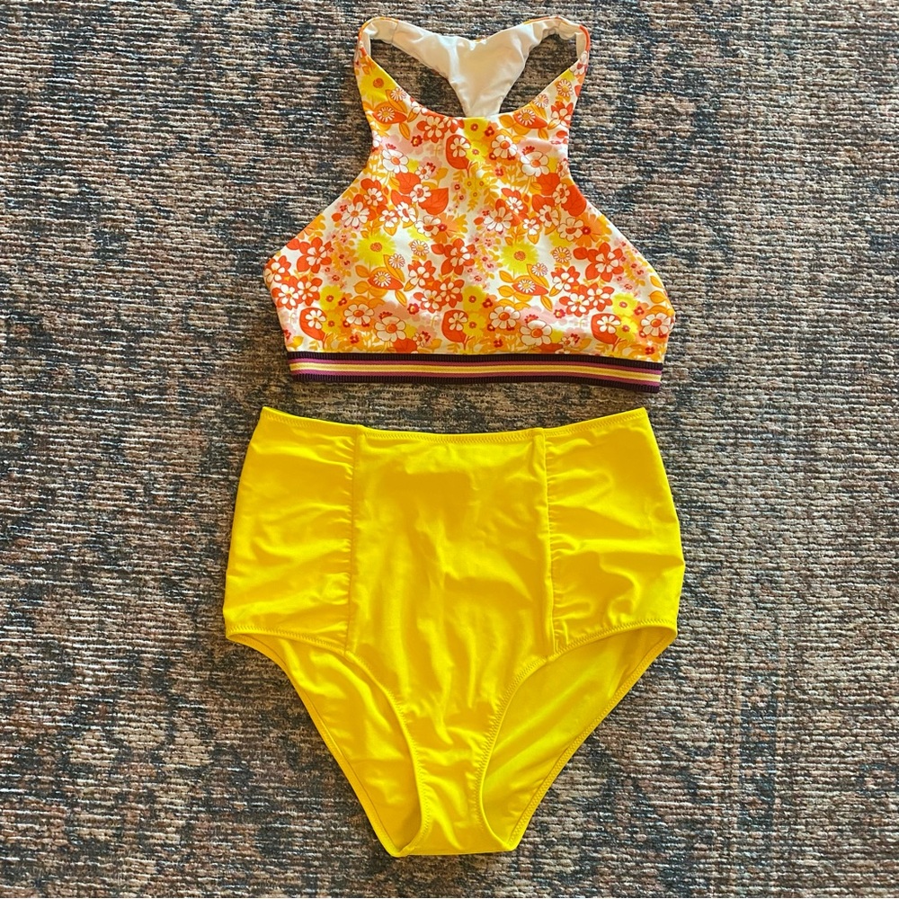 Aerie high waist 2 piece bathing suit floral racer back top large